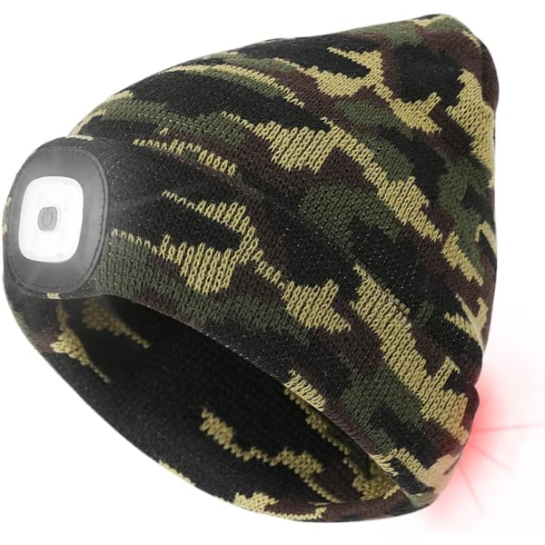 Pipo, jossa on valo ja punainen varoitusvalo, USB-ladattava LED-valolla varustettu pipo, 3 kirkkaustasoa, handsfree-päävalokate (Camo)