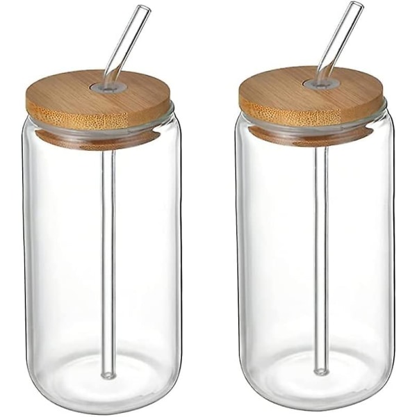 Dricksglas med bambulock 2st ölkoppar av glas Juiceglaskoppar Återanvändbara genomskinliga koppar för drycker Kaffe Isvatten 470ml (h-3)