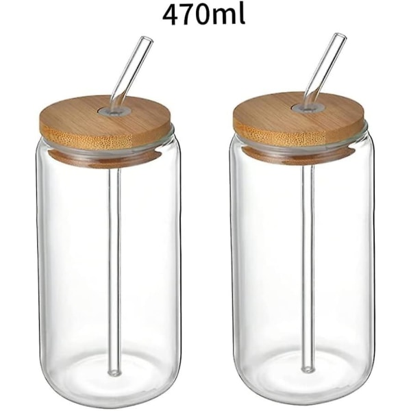 Dricksglas med bambulock 2st ölkoppar av glas Juiceglaskoppar Återanvändbara genomskinliga koppar för drycker Kaffe Isvatten 470ml (h-3)