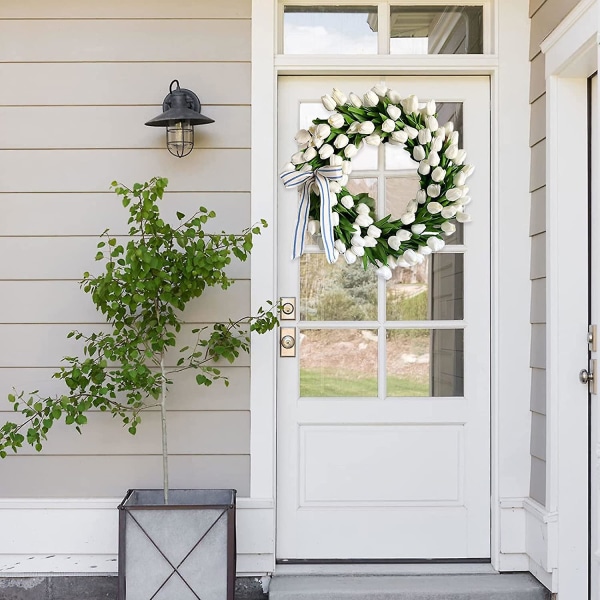 1st konstgjord dörrkrans vårtulpankrans för ytterdörr, mors dag konstgjord blomsterkrans med vita tulpaner för väggfönster Fest Bröllop De