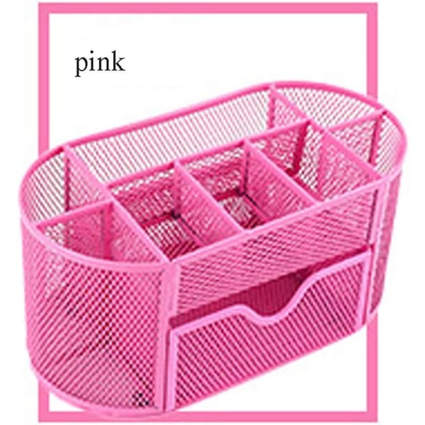 Skrivbordsmaterial Organizer Multifunktionellt brevpapper Caddy Mesh Oval pennhållare Skrivbord Kontorsmaterial Organizer 9 fack med låda Rosy 1st