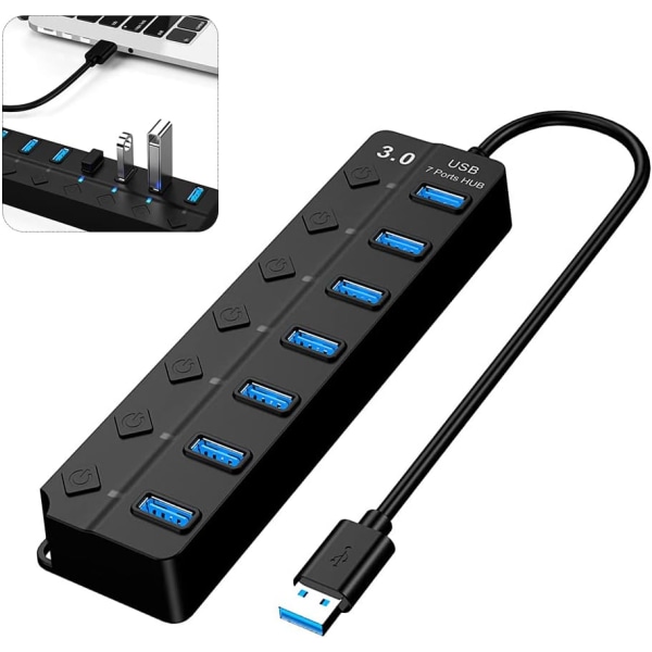 USB 3.0 Hub, Multi 7-Port USB Power Strip with Individual Switches, Active USB 3.0 Hub, Multiple USB Ports for PC, Laptop, MacBook, Mac Pro, Mac Mini,