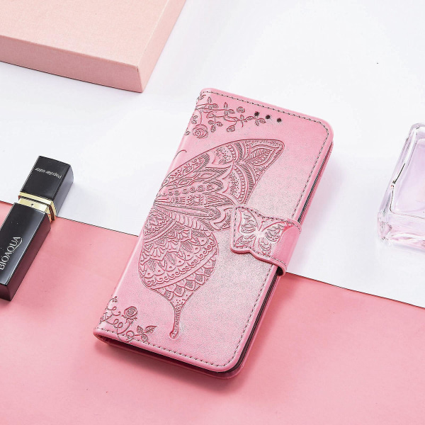 Kompatibel med Xiaomi Redmi Note 10 5g Case Flip Cover Emboss Butterfly Soft Tpu Shockproof Shell Slim - Rosa