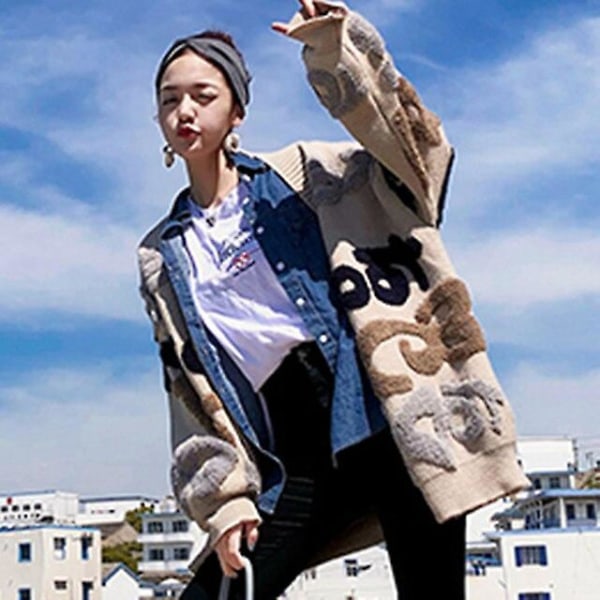 Uformell cardigan store bokstaver stemplet kvinner og varm tykk genser frakk koreansk