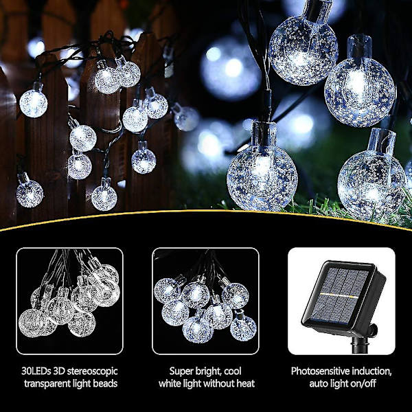 5/6,5/9,5 m Crystal Ball Solar String Lights, 20/30/50 Led Solar Patio String Lights, 8 lägen Utomhus Solar Lights Vattentät för uteplats Trädgård ons white 9.5m