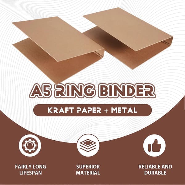 2 stk. A5 genopfyldelig ringbind, A5 kraftpapir-mappe med 2 ringe til løse blade, A5 Kraft