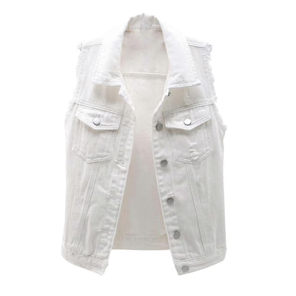 Dam Vår- och höstjackor Enfärgad Ärmlös Jeansjacka Ytterkläder Vit White L