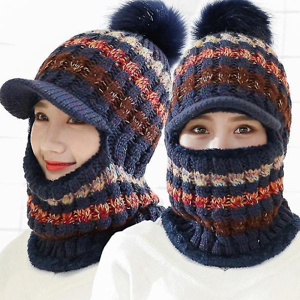 Dam Wooly Tjock Winter Stickad Hat Scarf Set Stickad Woolen Cap Navy