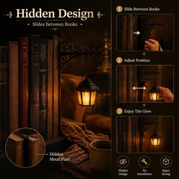 2 stk. Mini Bibliotekslantern LED Bogreolslampe, Varm Gul Bogkrog Lys til Skjult Hyldevisning, Læseindretning Ghost Reader