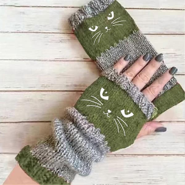 【BQ】Kat Splejsning Strikkede Handsker Strikkede Fingerløse Handsker Touch Screen Vinter Varme Patchwork Broderede Handsker Red