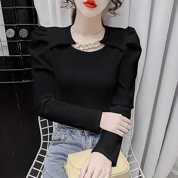 Koreansk Chic Kedja Skarvad Enfärgade Toppar Höst Damkläder Casual Puffärm Smal All-match O-ringad T-shirt Pullover XL Vit XL White