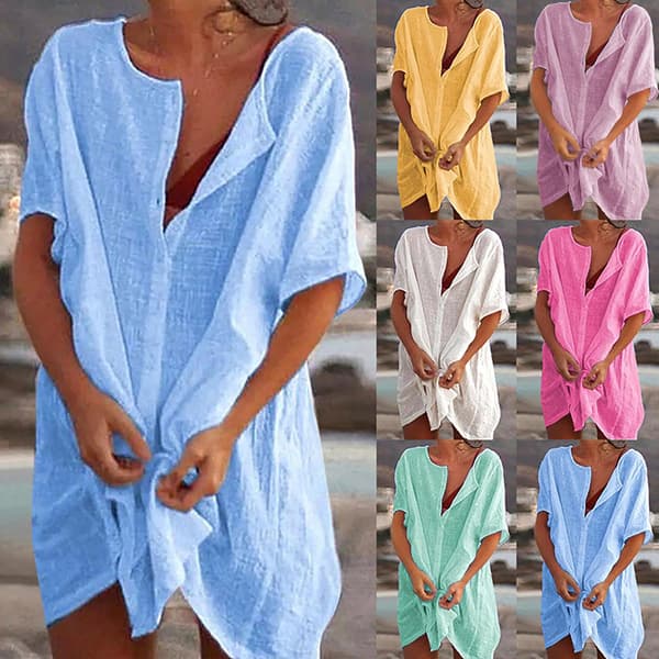 Damklänning i bomull, strandklänning, rund halsringning, blå med knappar Blue 4XL