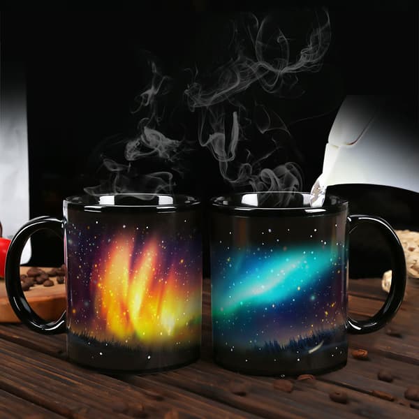 Northern Lights Magic Krus, Aurora Borealis Farveskiftende Keramikkop, Varmeaktiveret Design Gaveartikel 350ml D
