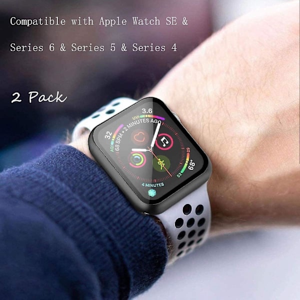 Kova PC- case , jossa karkaistu lasi näytönsuoja Yhteensopiva Apple Watch Series 6 Series 5 Series 4 40mm - musta, 2 kpl