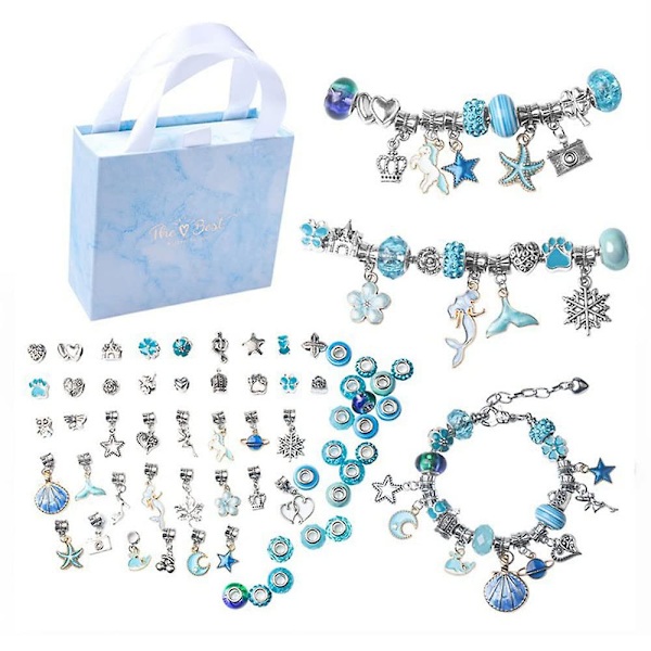 Gör-det-själv set - smycketillverkningssats för berlockarmband, blå kristallpärlor enhörning/sjöjungfrusmycken