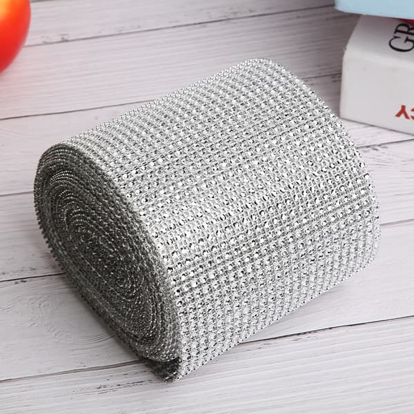 9M 24 Rader Galvaniserad Plast Konstgjord Strass Mesh Bröllopsklänning Dekoration Silver