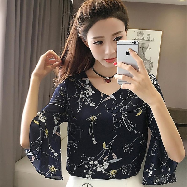 Kvinder Blomsterskjorte Lille V-hals Kvindebluser Koreansk Sød Blomster Flæsede Sommerfugleærmer Chiffon Toppe XXL Blå XXL Blue