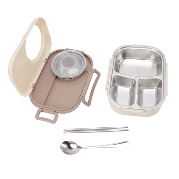 1450ml Rustfritt Stål Termisk Bento Matboks Dobbelt Lag Rombeholdere for Studenter Beige