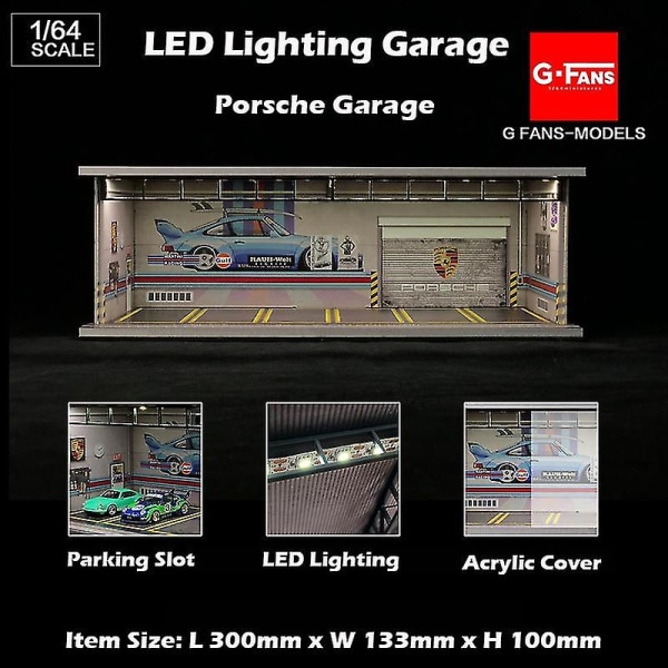 Hhcx-diorama 1:64 Model Car Garage Led Lighting Usb Connector Packing Slot Display Vehicle Station Porsche