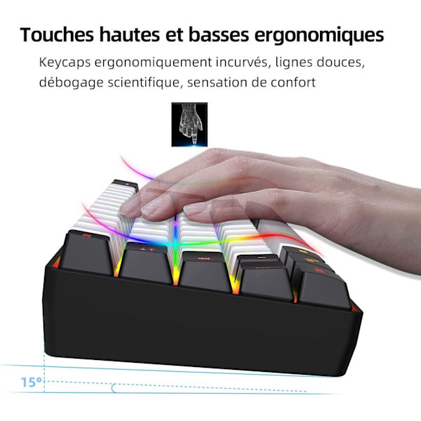 Pelinäppäimistö 60 % QWERTY musta/valkoinen langallinen RGB-taustavalaistu, 61 näppäimen pelinäppäimistö