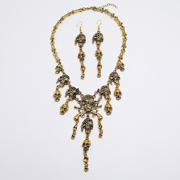 Halloween set - europeisk och amerikansk punk hip-hop stil, vintage legering pirat skalle och tofs halsband Gold Suit