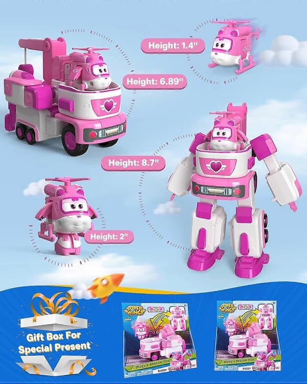 【BQ】Super Wings - 7' Dizzys redningsbil med 2' Rosa Transform-a-Bot Minifigur, Transformerende flyleke - Perfekt