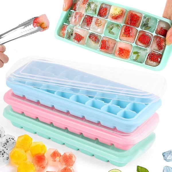 Ice Cube Form Silikone, Silikone isterninger, 3-pak 24 Cube Ice Cube Forme, Ice Form bakke, Ice Cube Bakke, Stabelbare isterning beholdere med låg, Bpa F