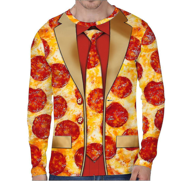 Hhcx-christmas Men Long Sleeve Pizza Elf Tuxedo Print T-shirt Xmas Novelty Top Yellow M