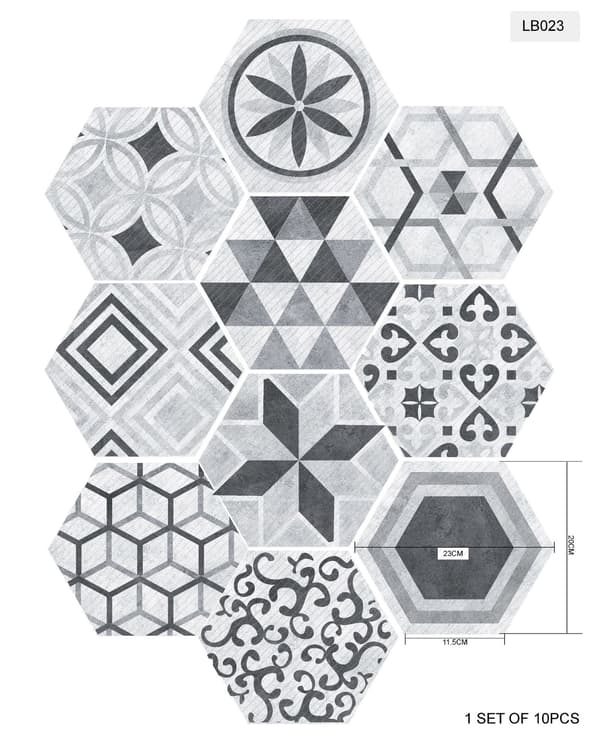 10-pack kakeldekor, hexagon, industriell stil, halkskydd