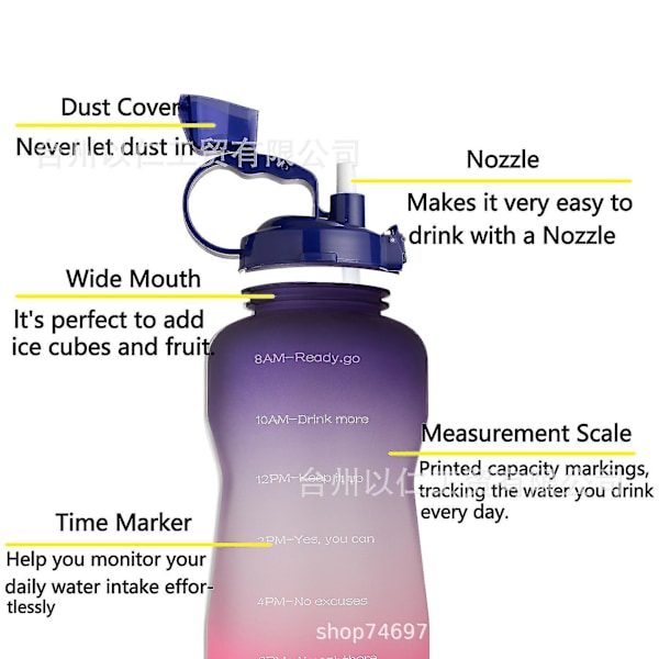 2000ml Motivational Outdoor Water Bottle With Time Marker And Straw, Leakproof Tritan Bpasports Bottle White