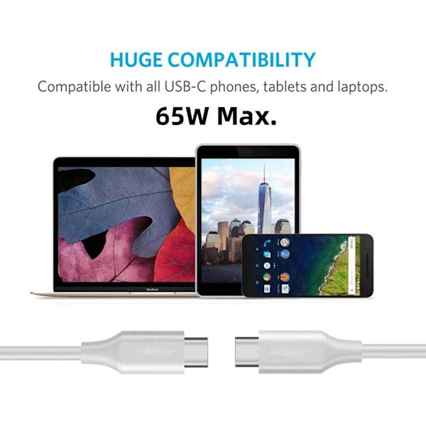 USB C Typ C hane till hane USB 2.0 PD version 65W för bärbar dator och telefon Vit 2m