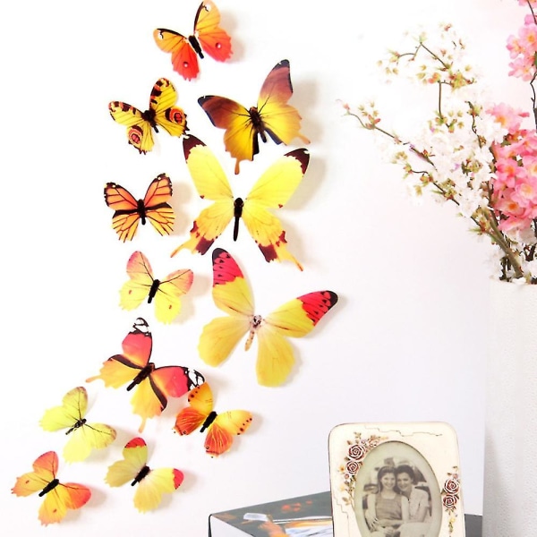 12 st/ set 3d Butterfly Väggdekor Väggdekal Hem Tapet Konst Dekorativt Yellow