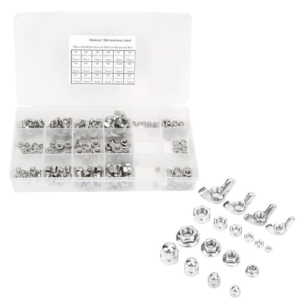 180 st Rostfria Muttrar Kit Vingmutter Flänsmutter Hattmutter Sexkantmutter M2 M2.5 M3 M4 M5 M6