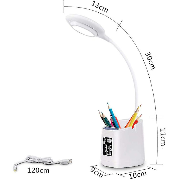 Led bordslampa för barn, ögonvårdande skrivbordslampor för hemmakontor med klocka, kalender och pennhållare, pekkontroll, steglös dimbar, USB laddningsstut