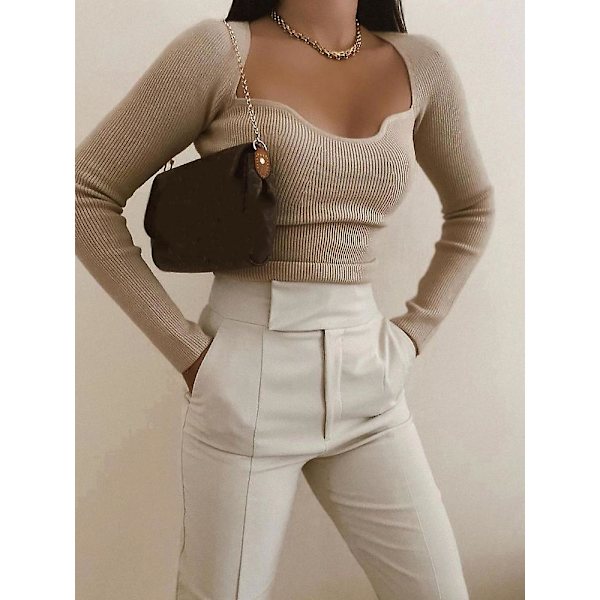 Snygg Chic Beige Stickad Cropped Blusar Dammode Sexiga Fyrkantiga skjortor med krage Flickor Streetwear Casual Toppar M M