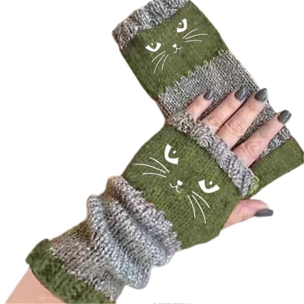【BQ】Kat Splejsning Strikkede Handsker Strikkede Fingerløse Handsker Touch Screen Vinter Varme Patchwork Broderede Handsker Green