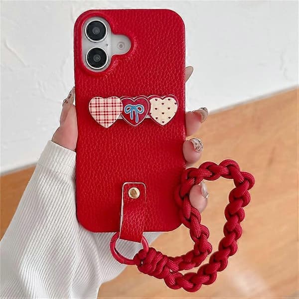 【BQ】Kompatibel med iPhone 16 Deksel Juledesign PU+PC Telefonbakside med Hjerteholder, Stropp MultiColor