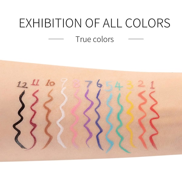 12 st Matte Regnbåge Färgglada Flytande Eyeliner Set, 12 färger Mjuk och Hyper Sharp Spets Borste Eyeliner, Vattentät High Pigmented Eyeliner Pen Set