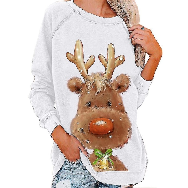 Hhcx-christmas Tunic Women Long Sleeve T-shirt Xmas Elk Printed Blouse Tops White L