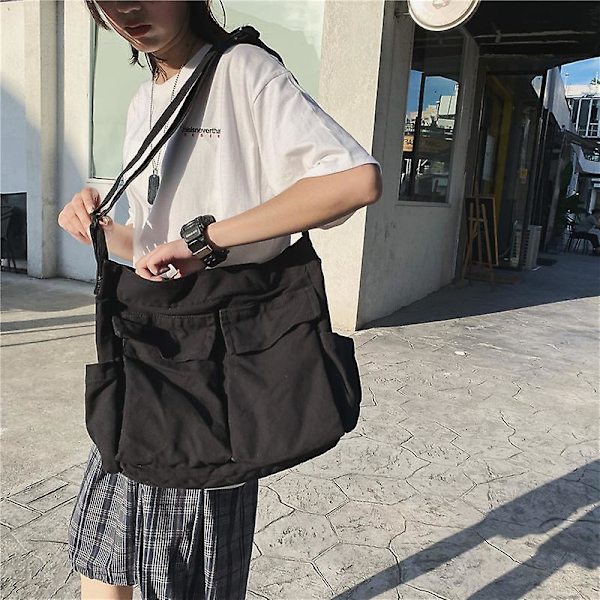 Kvinnor axelväska tonåring canvas stor kapacitet budväska casual flicka crossbody väska skolväska reseväska handväska Black