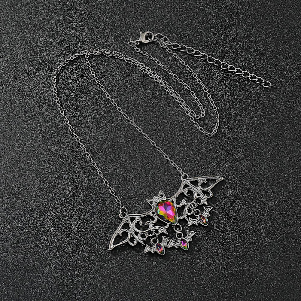Halloween smycken present - europeisk och amerikansk mörk estetisk med iriserande Crystal Devil Bat hänge halsband Silver