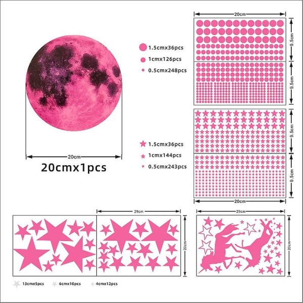 893 st Glow In The Dark-klistermärken - måne, enhörning, stjärnor och prickar för barnens sovrum Pink 20cm