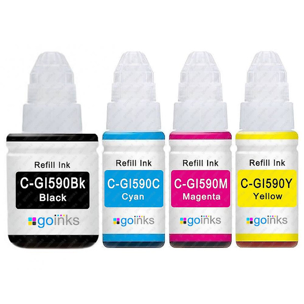 Set med 4 svartflaskor (135 ml/70 ml) för att ersätta Canon GI-590 kompatibel/icke-OEM från Go Inks Black, Cyan, Magenta, Yellow