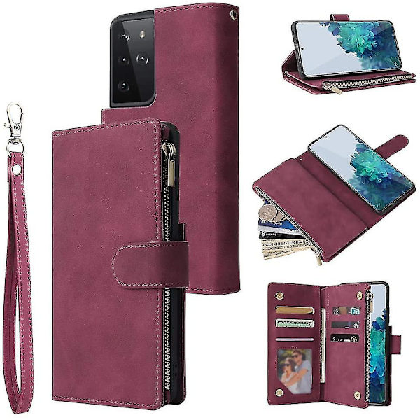 Samsung Galaxy S21 5g Case Premium Läder Folio Flip Case Kortplatser Hållare [kickstand] Blixtlåsficka Stötsäkert case med [handledsrem] För S