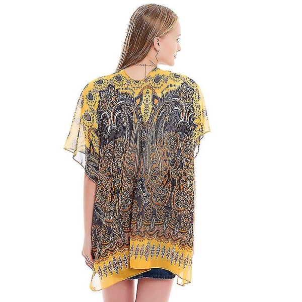 Kvinder Boho Chiffion tørklæde tørklæder Soft Wrap Sjal Stole Kortærmet Bluse Top Yellow