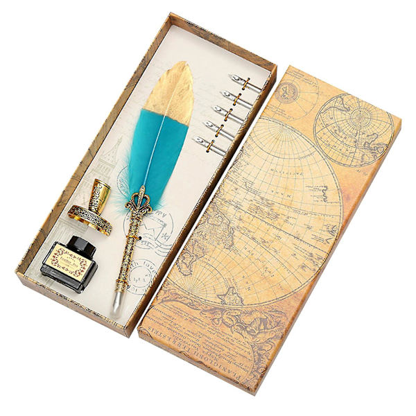 Kalligrafi fjer Dip med 5 Nib Fjærpen Pen Skriveblæk Sæt Gaveæske Bryllup Fyldepen Lake Blue
