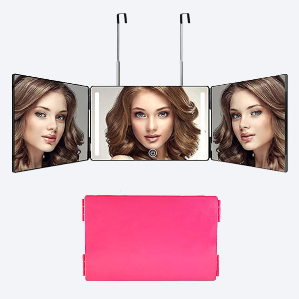 3-veis speil for selvskjæring av hår 360 speil med LED-lys, trifolds selv hårklippsspeil oppladbart med høydejusterbar Rose with led