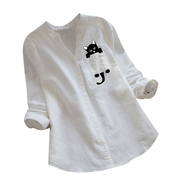 Damskjorta Printed ficka bomull Linne blus V-hals Casual långärmad skjorta Button Down Top Kläder White M