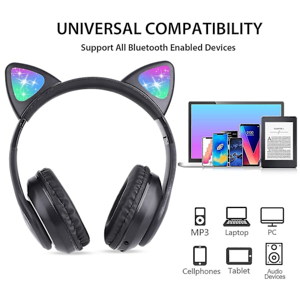 Trådløse hodetelefoner Cat Ear Led Light Up Bluetooth sammenleggbare hodetelefoner over øret med mikrofon for nettbasert fjernlæring
