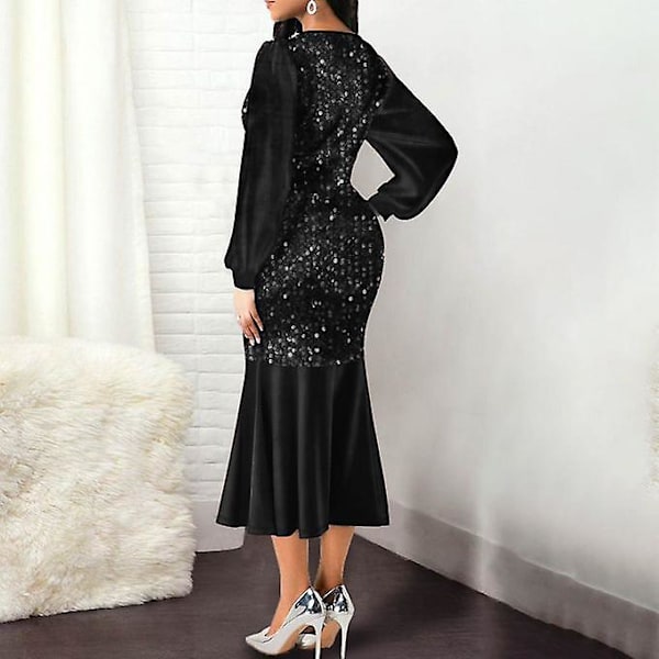 Sexet Formel Bodycon Kjole Pailletter V-hals Kvinder Skinnende Langærmet Patchwork Kjole Til Bryllup Slank Elegant Aftenfest Vestidos Blå M